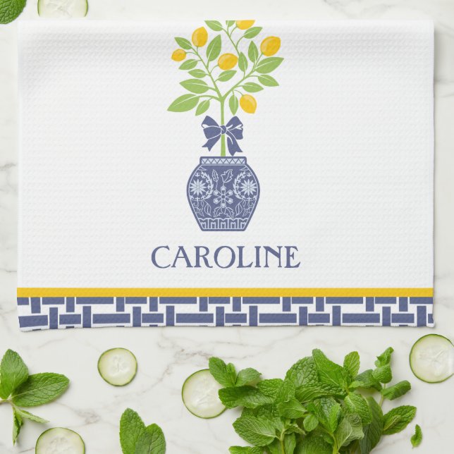 Chinoiserie Lemon Tree Personalised Kitchen Towel (Folded)