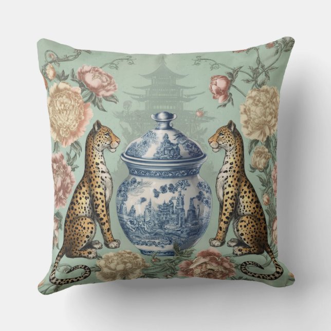 Chinoiserie Leopard Ginger Jar Art Cushion (Back)