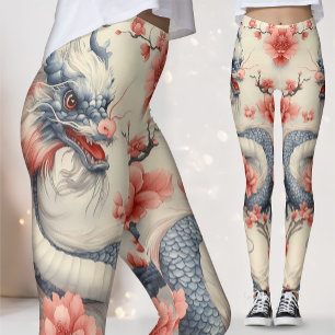 Chinoiserie Lotus Dragon   Blue & Pink Art Leggings