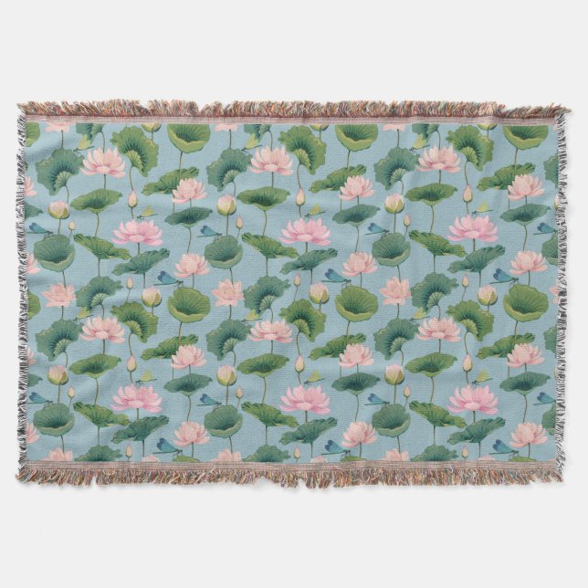 Chinoiserie Lotus Pond and Dragonfly Throw Blanket (Front)