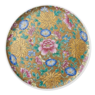 Chinoiserie Millefleur Flowers Gold Ceramic Knob