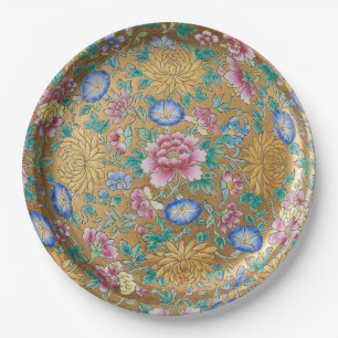 Chinoiserie Millefleur Flowers Gold Ceramic Paper Plate