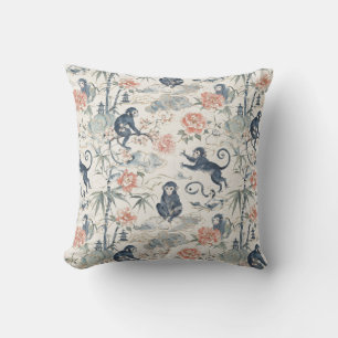 Chinoiserie Monkey and Peony Floral Design Cushion