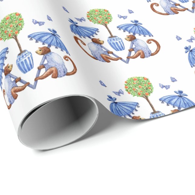 Chinoiserie Monkeys and Parasols Wrapping Paper (Roll Corner)