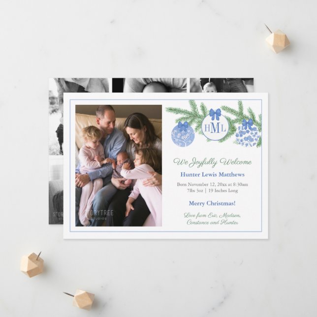 Chinoiserie Monogram Christmas Baby Boy Birth Announcement (Front/Back In Situ)