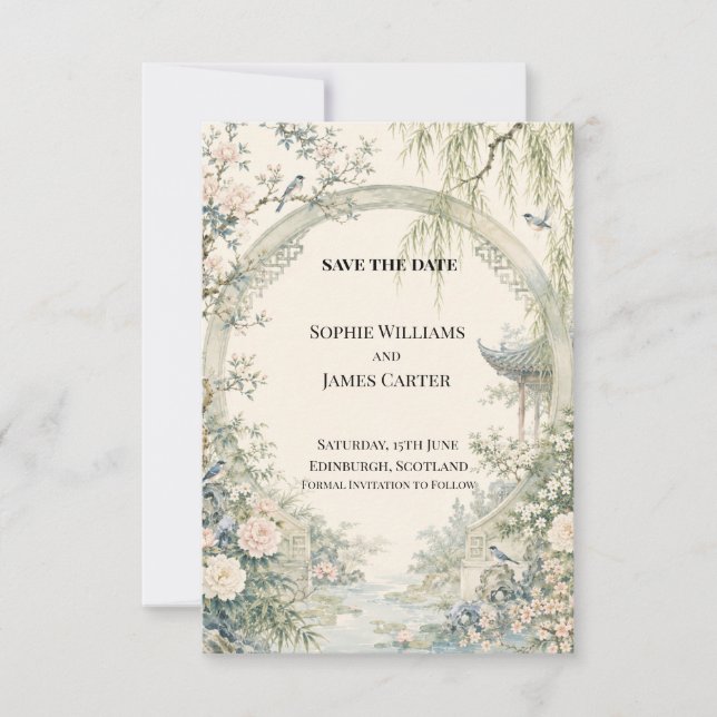 Chinoiserie Moon Gate Garden Wedding Save The Date (Front)