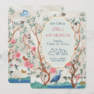 Chinoiserie Mural with Heron on faux Foil Invitation
