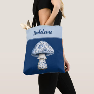 Chinoiserie Mushroom iBlue White on Navy Monogram Tote Bag