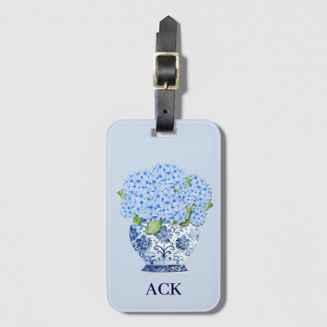 Chinoiserie Nantucket Blue Hydrangeas Luggage Tag (Front Vertical)
