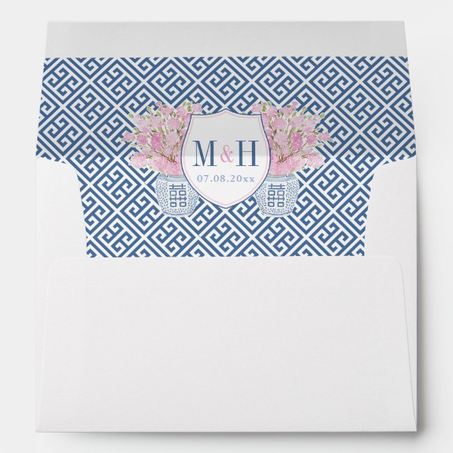 Chinoiserie Navy And Pink Wedding Return Address Envelope (Back (Bottom))