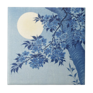 Chinoiserie Navy Blue Cherry Blossom & Full Moon Ceramic Tile
