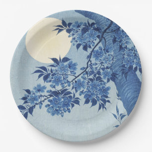 Chinoiserie Navy Blue Cherry Blossom & Full Moon Paper Plate