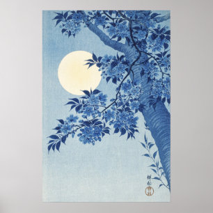 Chinoiserie Navy Blue Cherry Blossom & Full Moon Poster