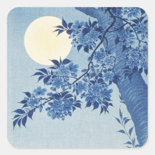 Chinoiserie Navy Blue Cherry Blossom & Full Moon Square Sticker