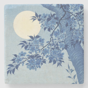 Chinoiserie Navy Blue Cherry Blossom & Full Moon Stone Coaster