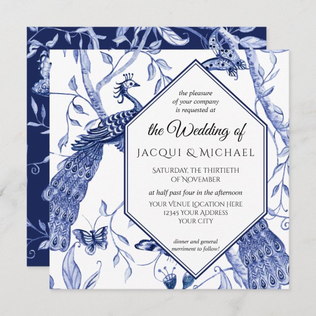 Chinoiserie Navy Blue Peacock Butterfly Hexagon Invitation (Front/Back)