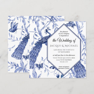 Chinoiserie Navy Blue Peacock Butterfly Wedding Invitation