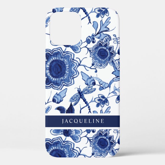 Chinoiserie Navy Blue White Floral Leaf Dragonfly Case-Mate iPhone Case (Back)