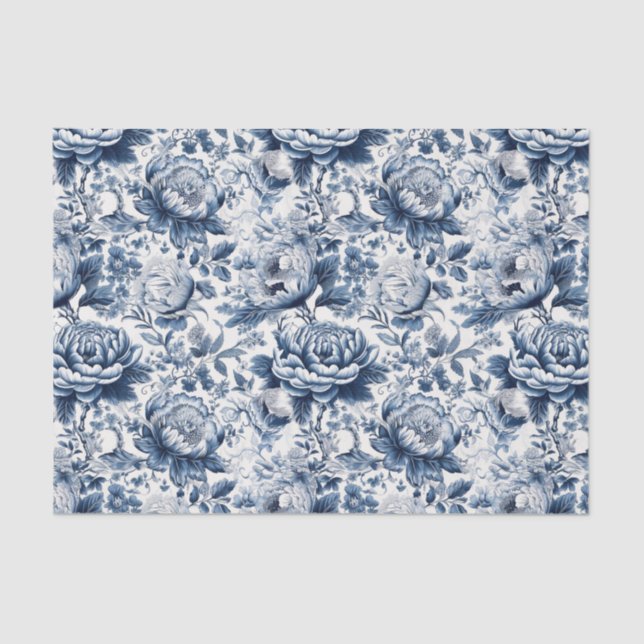Chinoiserie Navy Blue White Peony Floral Decoupage Tissue Paper (Front)