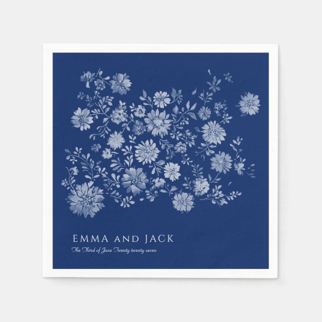 Chinoiserie Navy Blue Wildflower Bouquet Wedding Napkin (Front)