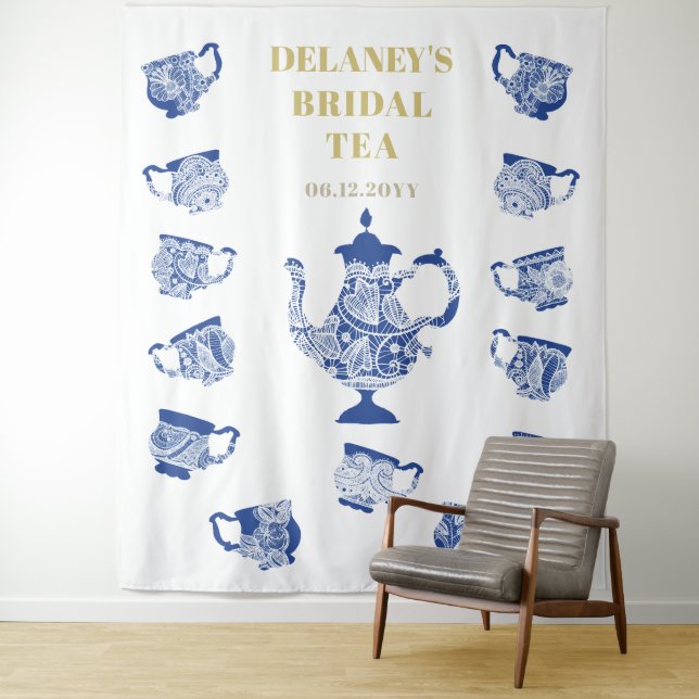 Chinoiserie Navy Tea Lace Bridal Shower Backdrop Tapestry (In Situ)
