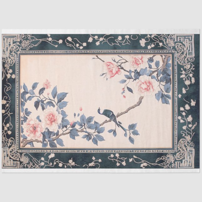 Chinoiserie Oriental Bird Art & patterned border Tissue Paper (Front)
