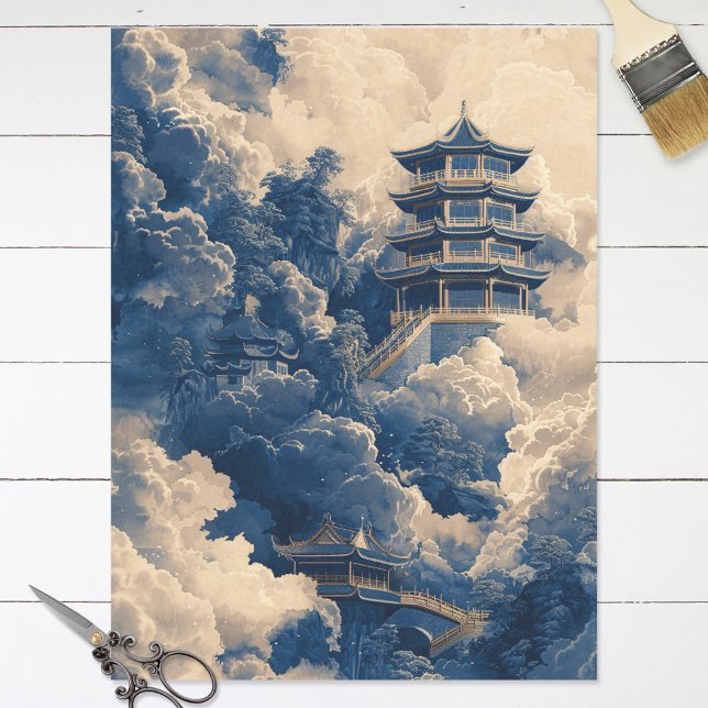 Chinoiserie Oriental Temple Blue Decoupage Tissue Paper (Creator Uploaded)