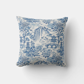 Chinoiserie Pagoda and Birds Blue Floral Design Cushion