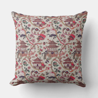 "Chinoiserie Pagoda and Lotus in Red Cushion