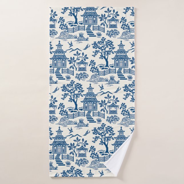 Chinoiserie Pagoda Blue on White Bath Towel Set (Bath Towel)
