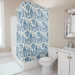 Chinoiserie Pagoda Blue on White Shower Curtain