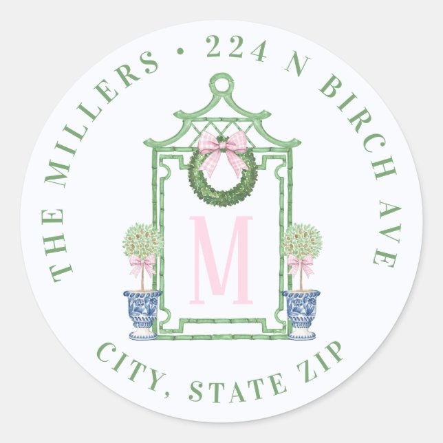 Chinoiserie Pagoda Christmas Return Address Classic Round Sticker (Front)
