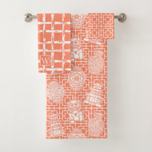 Chinoiserie Pagoda – Coral Preppy Asian Garden Bath Towel Set