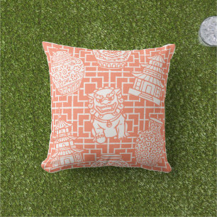 Chinoiserie Pagoda – Coral Preppy Asian Garden Cushion