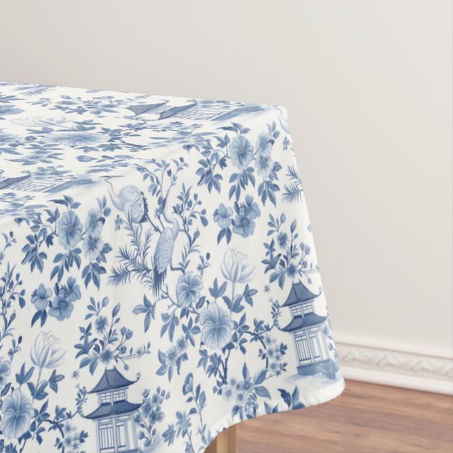 Chinoiserie Pagoda Crane Blue Floral Tablecloth (In Situ)