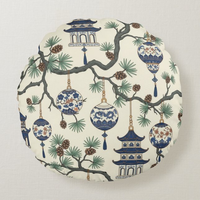 Chinoiserie Pagoda Ornament Design Pine Branch Round Cushion (Front)