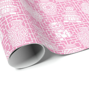Chinoiserie Pagoda – Pink Preppy Asian Garden Wrapping Paper