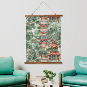Chinoiserie Pagoda Sage Green Forest Hanging Tapestry