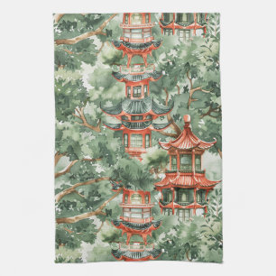 Chinoiserie Pagoda Sage Green Forest Tea Towel