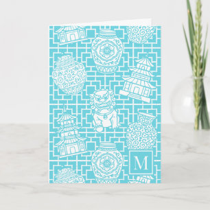 Chinoiserie Pagoda – Turquoise Preppy Asian Garden Note Card