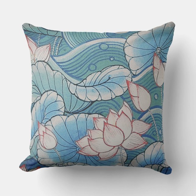 Chinoiserie Pastel Oriental Pink & Blue Floral Cushion (Front)