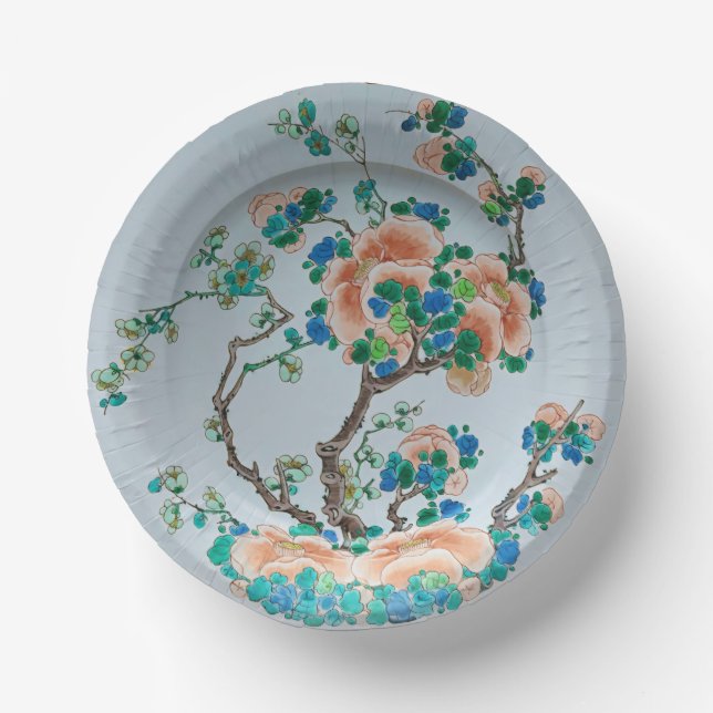 Chinoiserie Peach Blossom Faux China Paper Plate (Front)