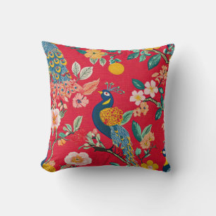 Chinoiserie Peacock Naif Floral Cushion