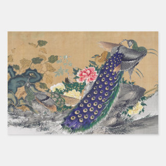 Chinoiserie Peacock with Dusty Rose and Faded Blue Wrapping Paper Sheet