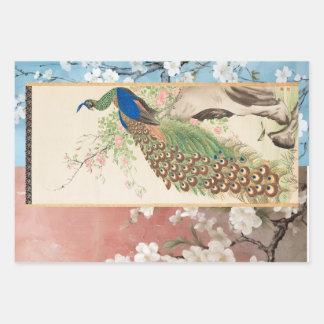 Chinoiserie Peacock with Dusty Rose and Faded Blue Wrapping Paper Sheet