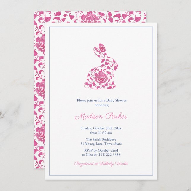 Chinoiserie Pink Bunny Baby Girl Shower Invitation (Front/Back)