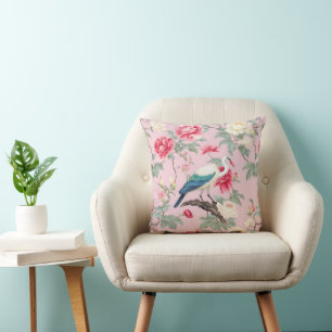 Chinoiserie Pink Floral Egret Cushion