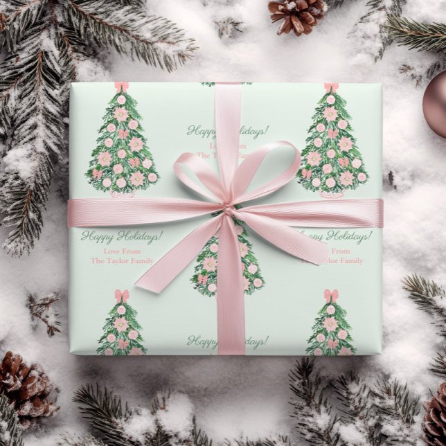 Chinoiserie Pink Green Merry Christmas Family Name Wrapping Paper (Pink and green maximalist holidays tree Christmas wrapping paper with personalized text)