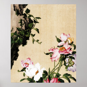 Chinoiserie Pink Peony and Scholar Rock Painting Poster