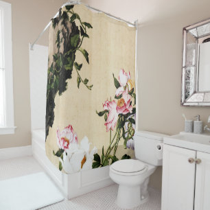 Chinoiserie Pink Peony and Scholar Rock Painting Shower Curtain